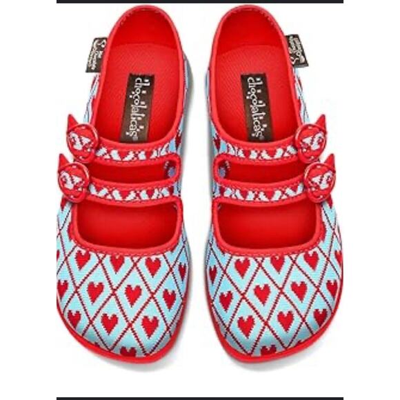 NWT Hot Chocolate Design Chocolaticas Funky Canvas Heart Mary Jane Flat Shoes - Picture 1 of 8